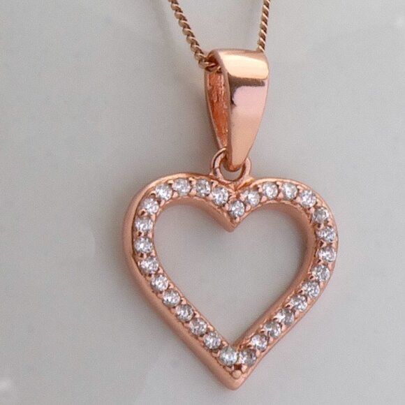 Sparkling Rose Gold CZ Heart Curb Chain Necklace, Delicate Summer Heart Charm - Picture 2 of 3